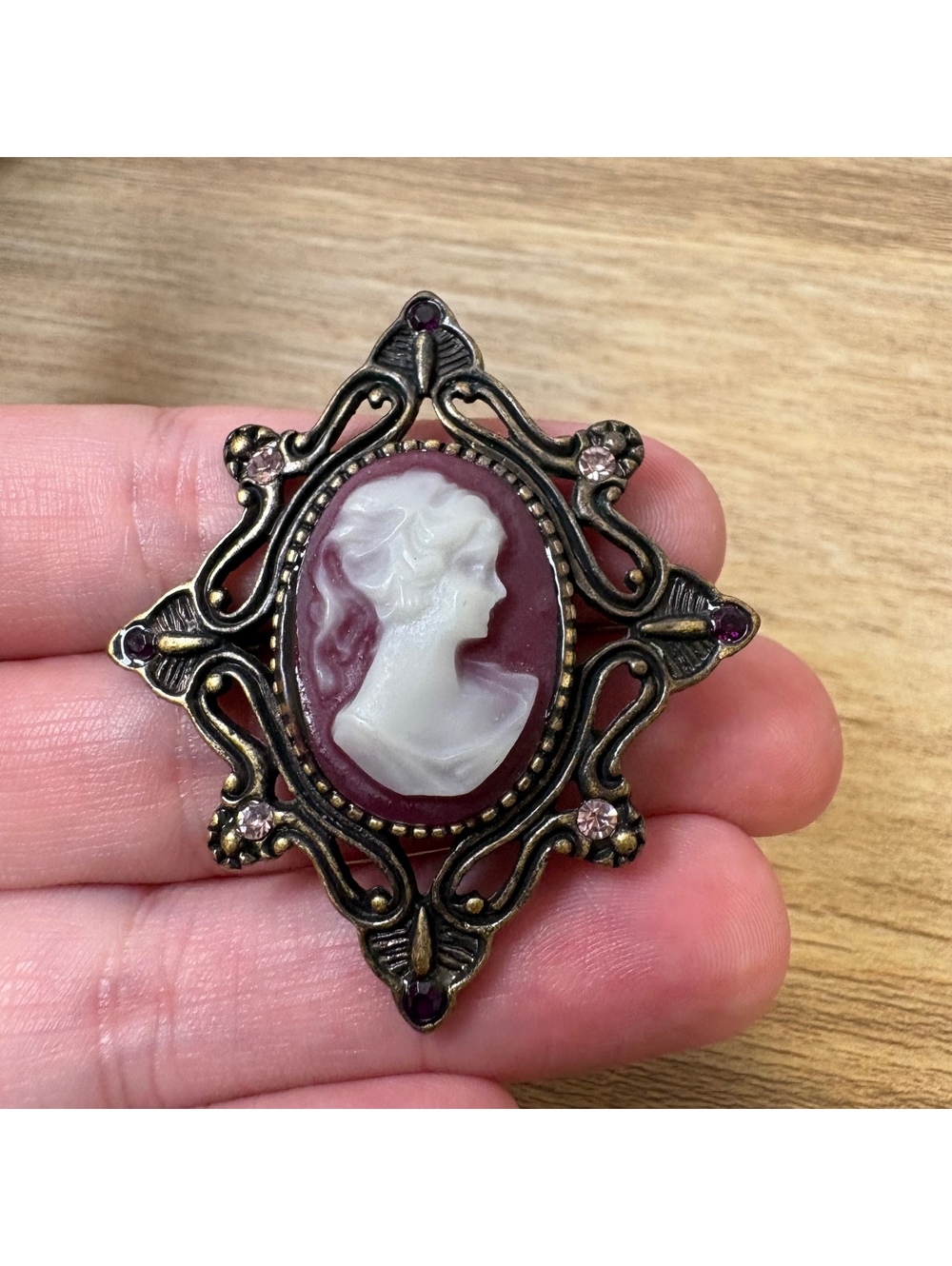 Vintage Cameo Brooch Purple Glass Cameo Ornate Costume Jewelry Victorian Pin